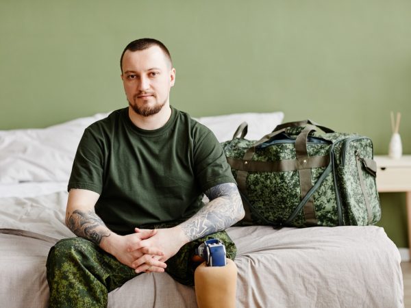 Portrait of military veteran with prosthetic leg