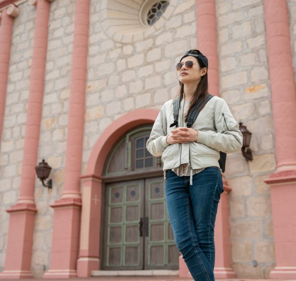 woman waiting at old mission santa Barbara